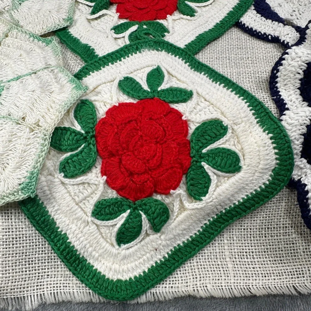 Vintage Handmade Crochet Potholder Set‎ 6pc Red Rose Navy Blue Mint Green Floral